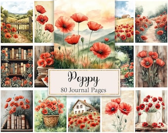 Poppy Junk Journal Pages, Flower Printable, Vintage Floral Digital Paper