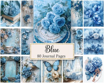 Blue Junk Journal Pages, Vintage Blue Printable, Shabby Chic Paper Pack, Scrapbook Digital Papers
