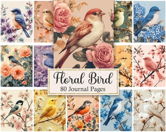 Floral Bird Junk Journal Pages, Birds Scrapbook Papers, Spring Digital Paper, Printable