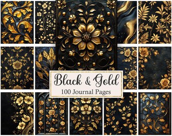 Black and Gold Digital Paper, Vintage Journal Pages, Scrapbook Background Printable