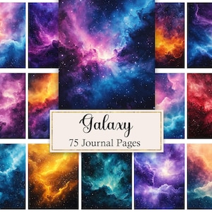 May include: A collection of 75 journal pages featuring vibrant galaxy and nebula patterns in shades of purple, blue, orange, and red. The central rectangular label displays the text Galaxy 75 Journal Pages in a dark script and sans-serif font.