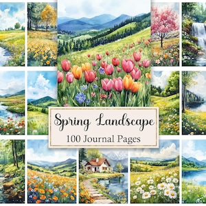以下が含まれることがあります： 様々な春の風景を描いた水彩画のコレクション。花、山、川、木々のあるシーンが描かれています。「Spring Landscape 100 Journal Pages」のテキストが金色の縁取りのラベルに表示されています。
