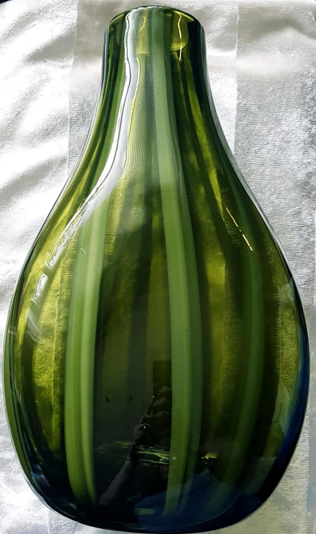 a-large-hand-blown-art-green-glass-vase-with-vertical-stripes-etsy