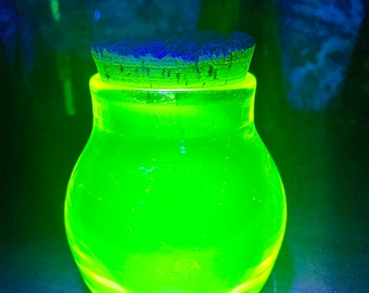 New Bright Uranium Glass Jar with tight cork furnace blown UV reactive glass