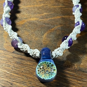 Skull Honeycomb Blown Greasy Glass Pendant Hemp Necklace with purple amethyst stone beads