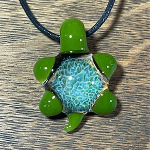 Green Turtle in the Clouds Blown Glass Pendant bead necklace