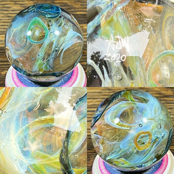 Gold and Silver Fume Colorful Swirled Space Wormhole Marble with Stars artist signed AJW 2020’ 1.5”