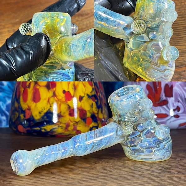 Old School Honeycomb Hammer Silver Fumed Color Changing Blown Glass Pipe 6.5” inches