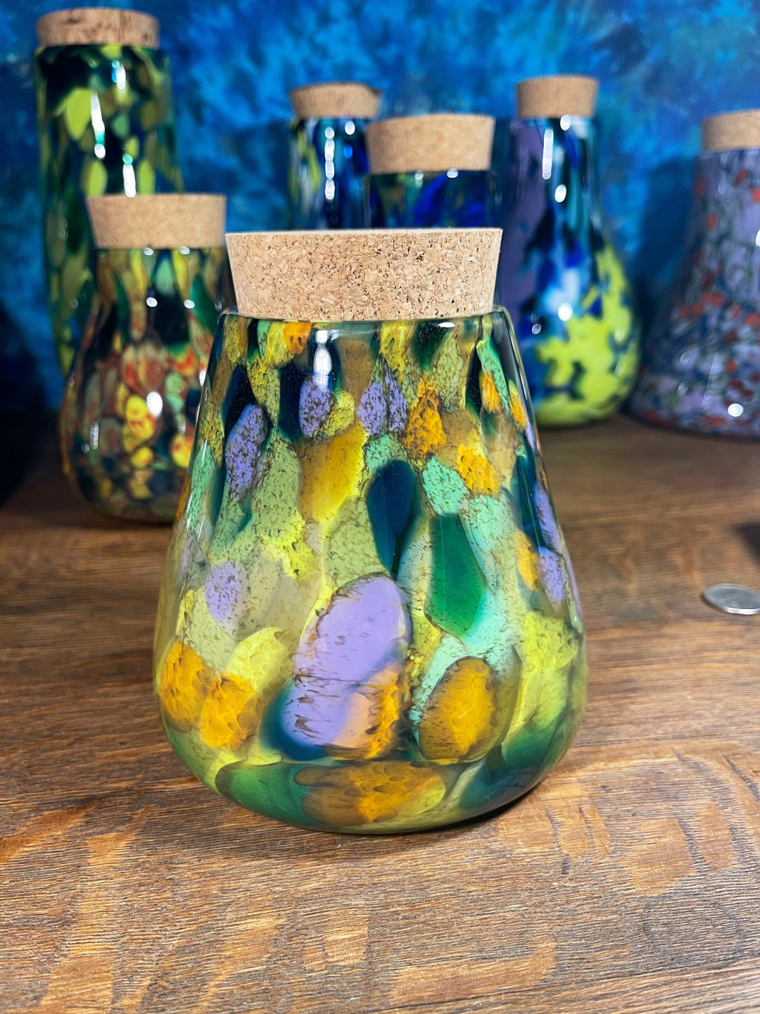 Thick Blown Glass Jar Vase Urn 5.5 Inches Tall Orange Green Yellow