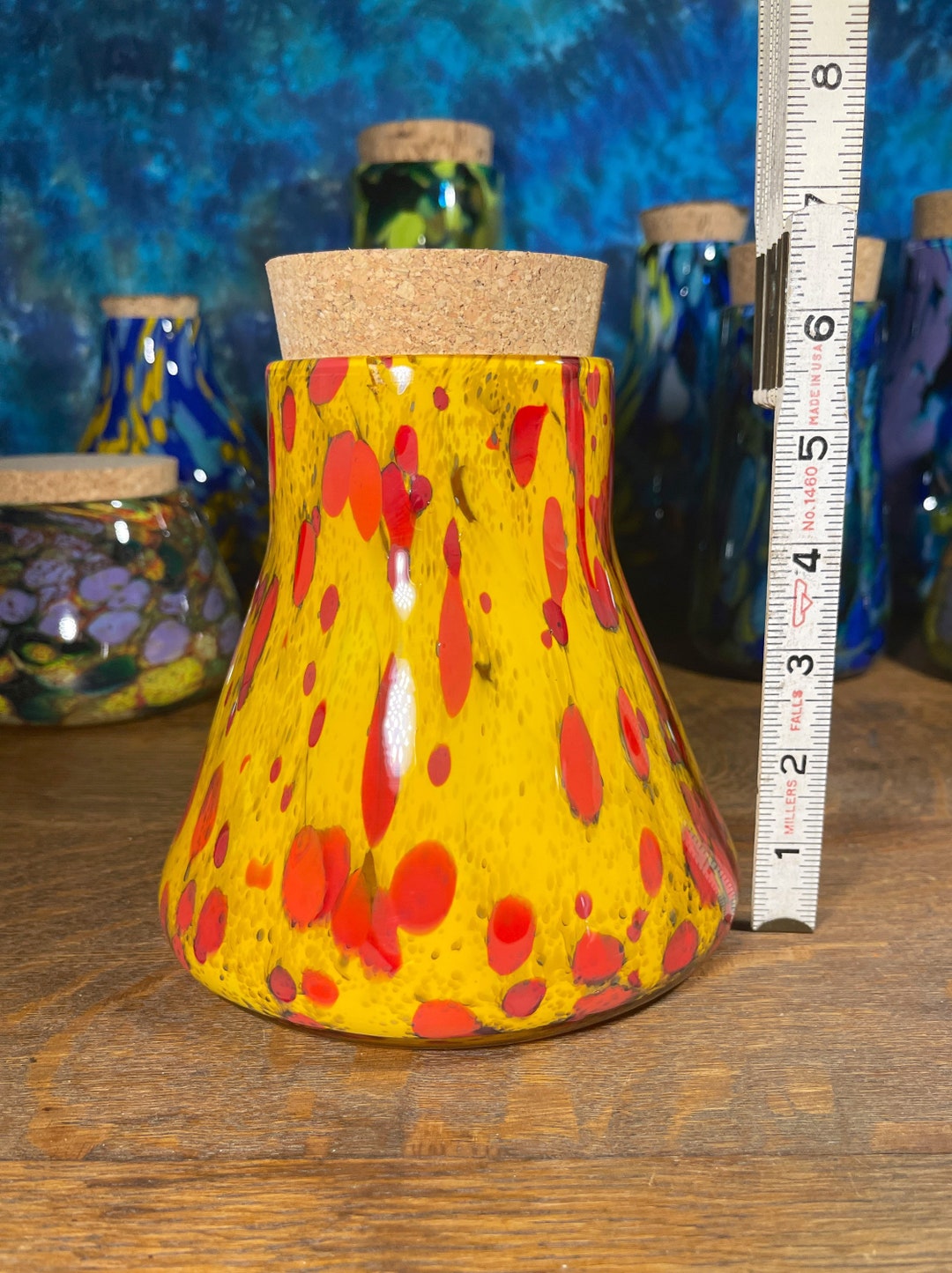 Large Thick Blown Glass Jar Vase Urn 6.5 Inches Tall Red Yellow With