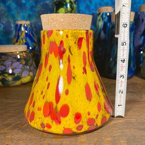 Large Thick Blown Glass Jar Vase Urn 6.5&quot; Inches tall Red yellow with cork
