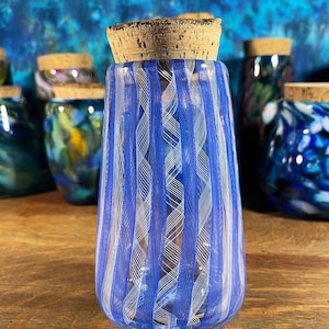 Blue & White Twisted Cane Jar Blown Art Glass Urn Vessel Vase Bottle natural cork