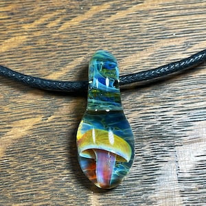 Glass Mushroom Pendant bead necklace green psychedelic background