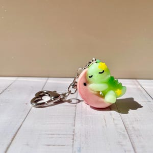 Cute Dinosaur Moon Keychain / Handmade Polymer Clay Charm / Glow in the Dark Moon / Kawaii Gift