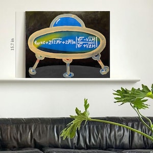 May include: A living room scene featuring a black leather sofa, wooden chair, and a coffee table with a laptop. A painting of a UFO with mathematical equations is displayed on the wall. The painting measures 15.7 inches.