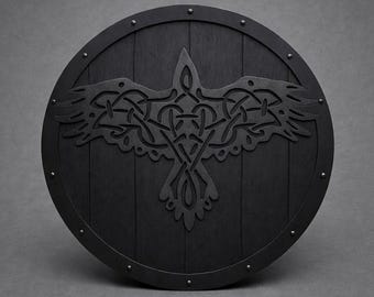 Escudo Viking Redondo Corvo Negro | Escudo Nórdico Artesanal de Madeira para Decoração de Parede | Escudo Nórdico Corvo de Odin | Decoração Medieval para Cosplay LARP
