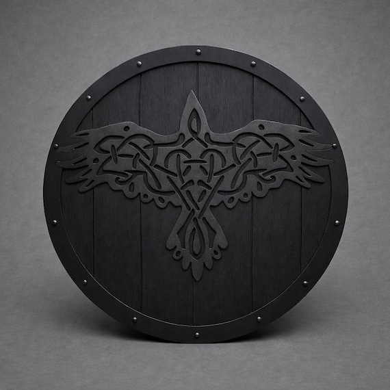 Black Raven Viking Round Shield | Handcrafted Nordic Wooden Shield Wall Decor | Odin Raven Norse Shield | LARP Cosplay Medieval Decor
