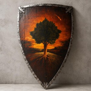 May include: A wooden shield featuring a painted tree scene. The shield has a dark brown wooden surface with a metal trim. The artwork depicts a tree with a sunset background and a shooting star.