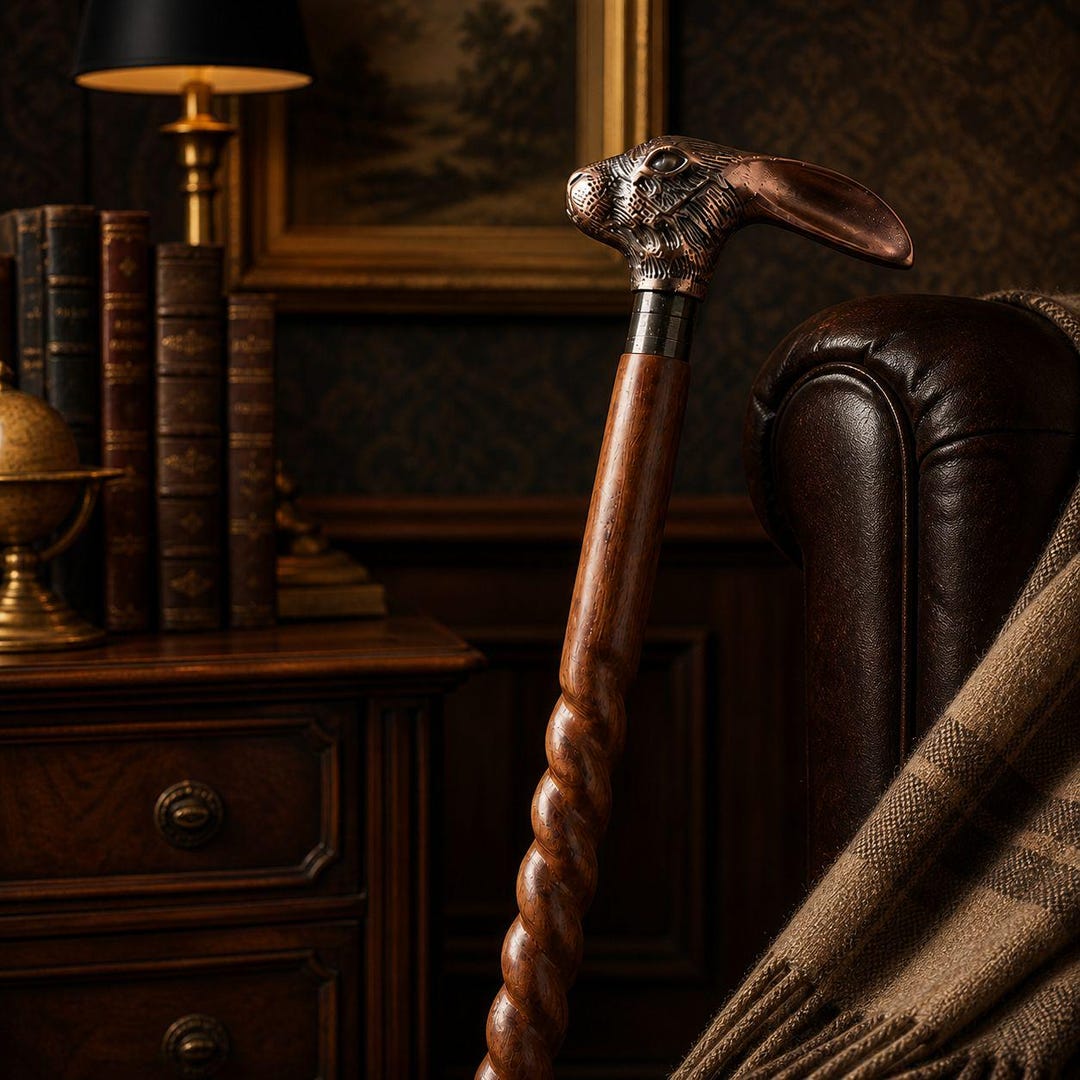 Vintage Rabbit Head Wooden Walking Cane – Handcrafted Antique Style ...