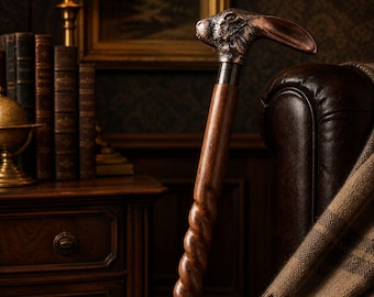 Vintage Rabbit Head Wooden Walking Cane – Handcrafted Antique Style Wooden Stick with Metal Handle – Unique Gentleman Gift, Decorative Cane