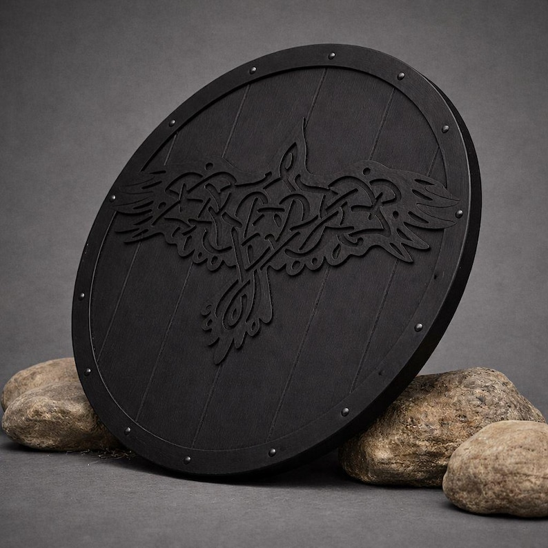 Pode incluir: Um escudo redondo preto com um desenho de corvo esculpido. O escudo de madeira tem tachas de metal na borda. O corvo &eacute; retratado com intrincados n&oacute;s. O escudo est&aacute; sobre um fundo cinza com pedras.