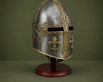 Handmade Medieval Great Helm Helmet, Knight Crusader Armor Helmet, Fleur De Lis Templar Helmet, LARP Costume, Renaissance Decor Gift