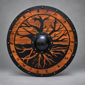 Op de afbeelding: Een rond houten schild met een natuurlijke bruine houtnerf en een zwart geschilderd boomontwerp. Het schild heeft een centrale zwarte metalen knop, een zwarte buitenrand vastgezet met zilverkleurige klinknagels en zwarte runen.