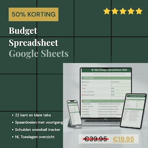 Puede incluir: Anuncio de una hoja de cálculo de presupuesto para Google Sheets. La imagen muestra una computadora portátil, una tableta y un teléfono inteligente que muestran la interfaz de la hoja de cálculo. El texto incluye "Budget Spreadsheet Google Sheets" y un 50% de descuento.