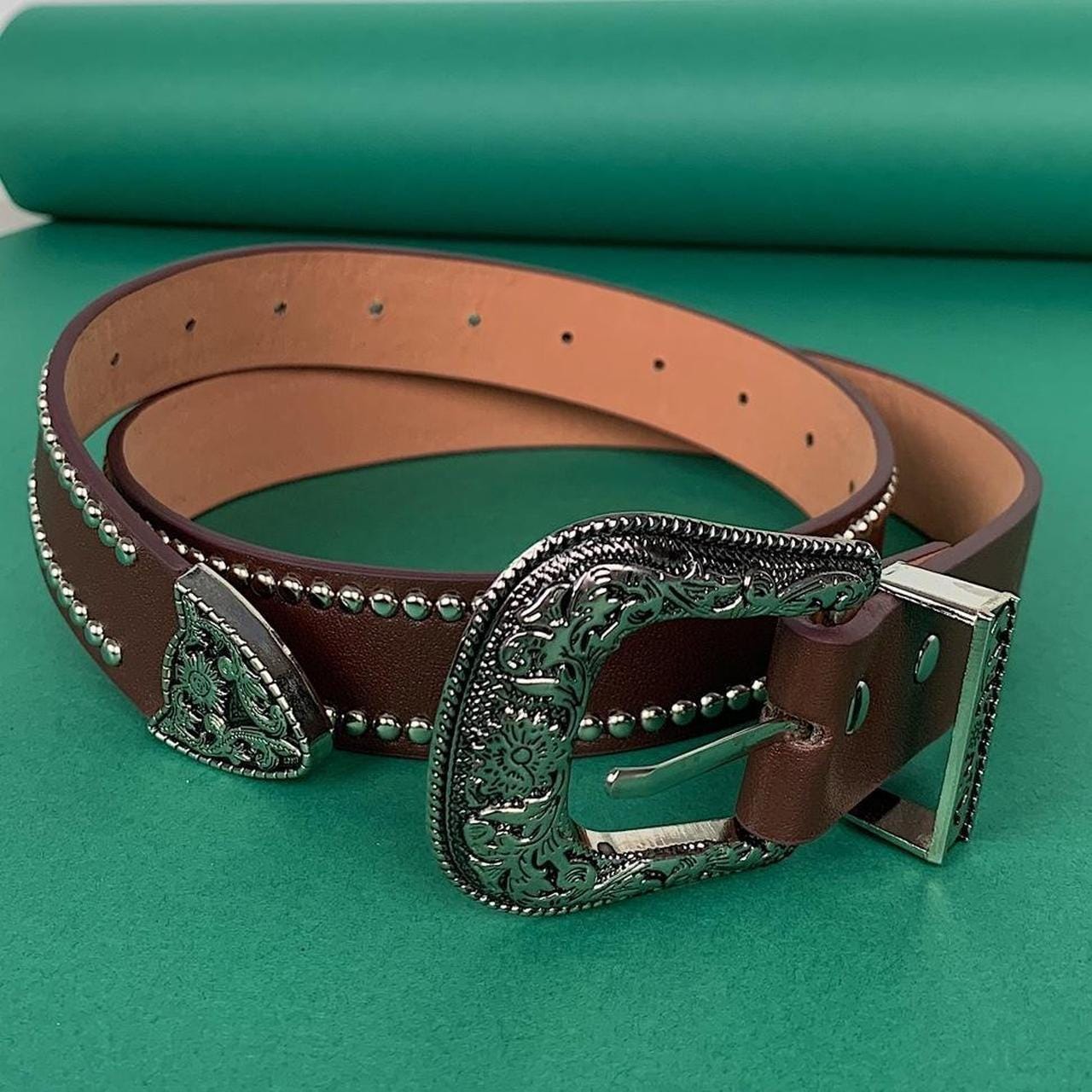 Vintage GUESS Rhinestone Belt Y2k Brown Genuine Leather Size
