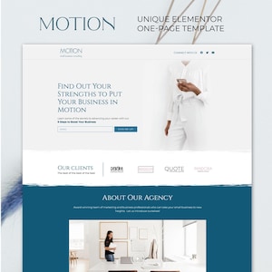 Pode incluir: Página inicial do site de uma agência de consultoria empresarial chamada Motion. O site apresenta um esquema de cores azul e branco com uma chamada para ação para se inscrever para uma consulta. O site também apresenta uma seção sobre os clientes da agência, incluindo Deignt, Madelyn, Quote e Pandora.