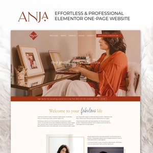 Può includere: Una home page di un sito web con uno schema di colori rosso e bianco. Il sito web è per un life coach di nome Anja Gessen. Il testo "equipaggiati per le avventure della vita" è visualizzato sulla pagina. Il sito web ha una call to action per iscriversi a un corso imminente su come vivere la tua vita al meglio.