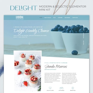 Può includere: Una home page di un sito web per una nutrizionista di nome Janda Marcus. Il sito web presenta una foto di una ciotola di mirtilli e una foto di un dessert con fragole. Il testo sul sito web dice "3 settimane per una vita più sana con il mio programma Delight Weekly Cleanse".