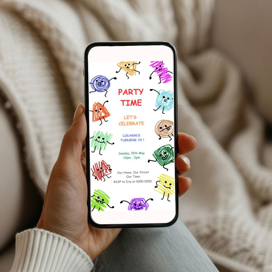 Editable Doodle Sketch Scribble Theme Birthday Party Digital Invitation ...