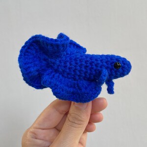 Peut inclure: Un poisson Betta crocheté à la main, bleu roi. Le poisson a un design d'aileron détaillé et un petit œil noir. Le poisson est tenu dans la main d'une personne.
