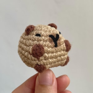 May include: A handmade, crocheted capybara figurine. The small, round animal is primarily tan with dark brown accents for the ears, feet, and eyes. The capybara has a black 'Y' shaped nose and mouth. The figurine is held in a person's hand.