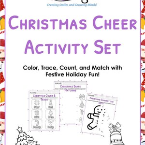 May include: A Christmas Cheer Activity Set with a purple title. The set includes coloring, tracing, counting, and matching activities. The image features a Christmas tree, bell, and other festive elements. The text says "Color, Trace, Count, and Match with Festive Holiday Fun!"