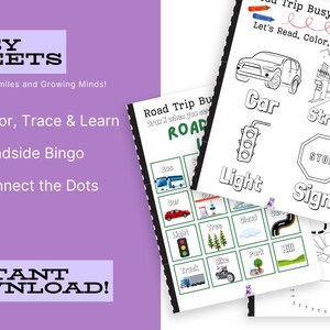 Puede incluir: Un conjunto de hojas de actividades de viaje por carretera imprimibles para niños. Las hojas presentan actividades como colorear, trazar y aprender, bingo en la carretera y conectar los puntos. Las hojas están diseñadas para mantener a los niños entretenidos en largos viajes en coche. El texto de la portada dice "Road Trip Busy Sheets Let's Read, Color, Trace".