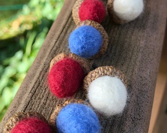 Red White  Blue Felted Acorns - Americana 4th of July Holiday Winter Decor Set of 9