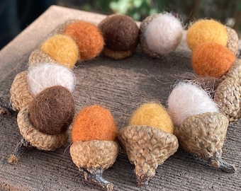 Autumn Felted Acorn Set of 12 Ivory, Squash Yellow, Chocolate Brown, & Orange Rust Natural Fall Decor Halloween Thanksgiving