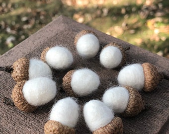 White Felted Acorns - Christmas Holiday Winter Decor Set of 10