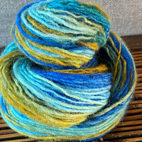 Starry Night Hand Spun Yarn Merino Wool  110 yards Teal Blue Green Gold