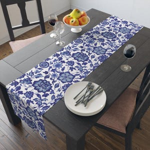 Royal Blue Asian Floral Table Runner, Chinoiserie Blue Floral Table Runner, Housewarming Gift, Floral Dining Decor, Floral Kitchen Linens
