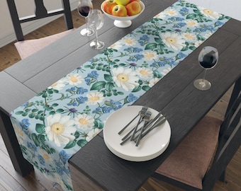Vintage Light Blue Floral Table Runner, Cotton Twill Dining Decor