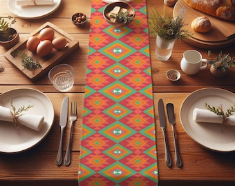 Mexican Tribal Cotton Twill Table Runner, Southwestern Dining Decor
