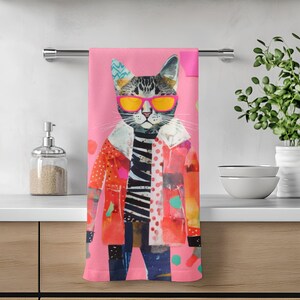 Cool Cat Tea Towel, Abstract Cat Kitchen Towel, Housewarming Gift, Baking Gift, Foodie Gift, Chef Gift, Kitchen Linens, Cat Lover Gift