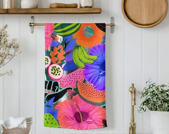 Tropical Fruit Cotton Tea Towel, Neon Kitchen Linens