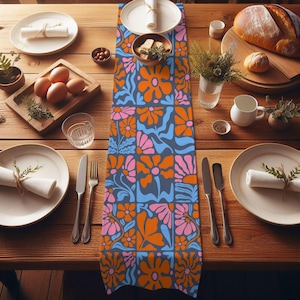Groovy Flowers Dark Table Runner, Retro Floral Dining Room, Vintage Psychedelic Table Runner, Boho Table Linens, Whimsical Fun Dining Decor