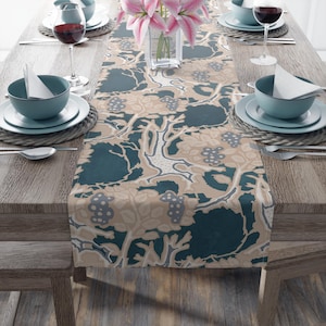 Blue Art Deco Floral Table Runner, Vintage Art Deco Floral Table Runner, Housewarming Gift, Floral Dining Decor, Floral Kitchen Linens