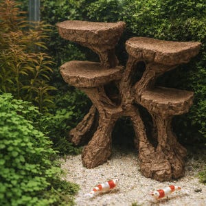 May include: A brown, multi-tiered, tree-like aquarium ornament with a textured, bark-like surface and four flat platforms. Two small, white and red striped shrimp are positioned on the light-colored sandy substrate in front of the structure.