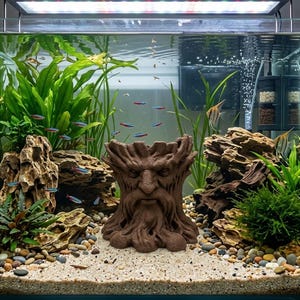 Op de afbeelding: Een bruin, boomstronk-vormig aquariumornament met een uitgesneden, verweerd gezicht met een baard, geplaatst in een glazen bak met lichtgekleurd zand, diverse groene waterplanten, gestructureerde rotsen en kleine, kleurrijke vissen.